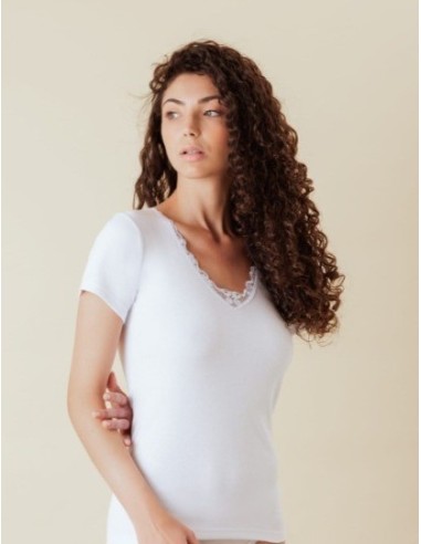 3 T-Shirt Manica Corta Donna Caldo Cotone Interlock Con Applicazione Macrame Mabrat MMDF300