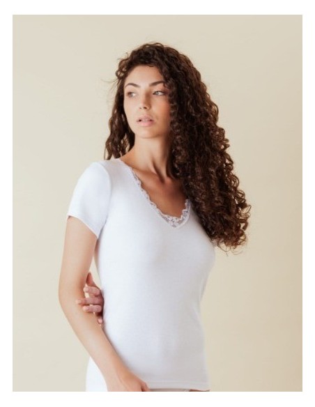 3 T-Shirt Manica Corta Donna Caldo Cotone Interlock Con Applicazione Macrame Mabrat MMDF300