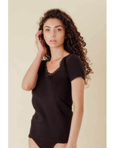 3 T-Shirt Manica Corta Donna Caldo Cotone Interlock Con Applicazione Macrame Mabrat MMDF300N