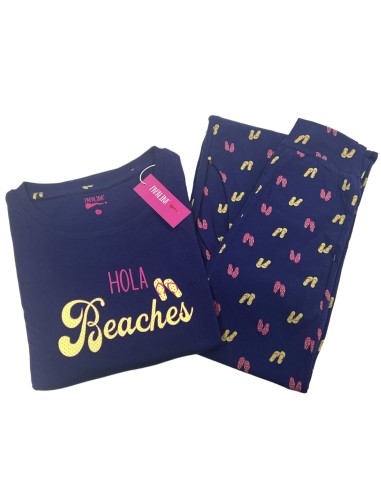 Pigiama Donna In Cotone Manica E Pantalone Lungo Con Polsini e Tasche Papalina PDM382 Beach