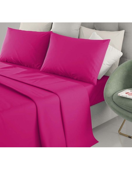 Completo Letto Matrimoniale Cotone Lenzuola Irge Tinta Unita Fucsia